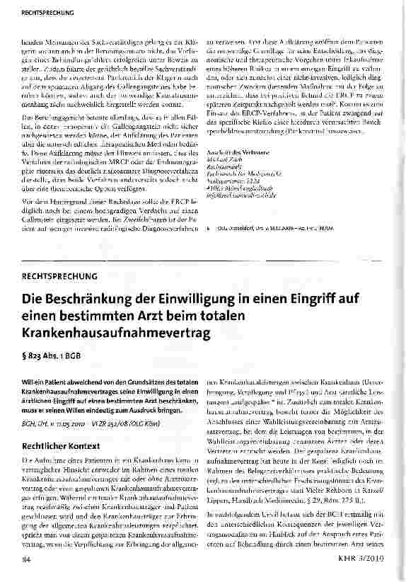 Vorschauseite 1: Die Beschränkung der Einwilligung in einen Eingriff auf einen bestimmten Arzt beim totalen Krankenhausaufnahmevertrag