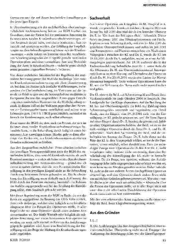 Vorschauseite 2: Die Beschränkung der Einwilligung in einen Eingriff auf einen bestimmten Arzt beim totalen Krankenhausaufnahmevertrag
