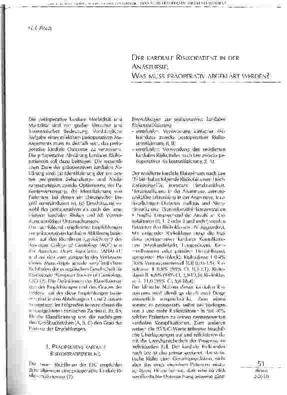 Vorschauseite 1: DER KARDIALE RISIKOPATIENT IN DERANÄSTHESIE: WAS MUSS PRÄOPERATIV ABGEKLÄRT WERDEN?