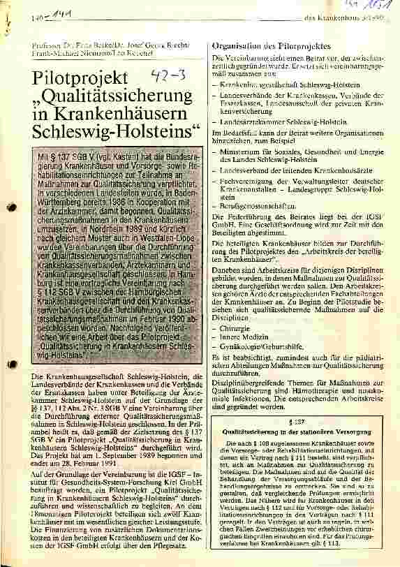 Vorschauseite 1: Pilotprojekt Qualitätssicherung in Krankenhäusern Schleswig-Holsteins