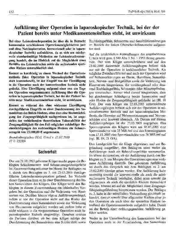 Vorschauseite 1: Aufklärung über Operation in laparoskopischer Technik, bei der der Patient bereits unter Medikamenteneinfluss steht, ist unwirksam