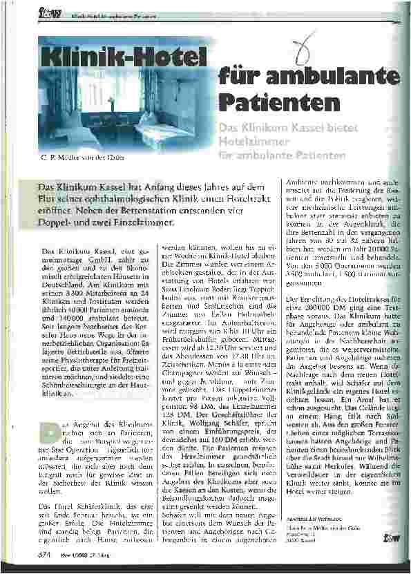 Vorschauseite 1: Klinik-Hotel für ambulante Patienten Das Klinikum Kassel bietet Hotelzimmer für ambulante Patienten