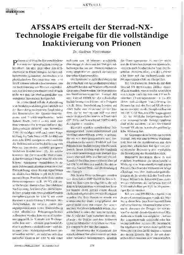 Vorschauseite 1: AFSSAPS erteilt der Sterrad-NX-Technologie Freigabe für die vollständigeInaktivierung von Prionen