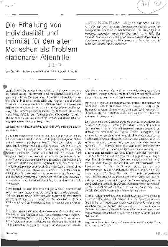 Vorschauseite 1: Die Erhaltung von Individualität und Intimität für den alten Menschen als Problem stationärer Altenhilfe