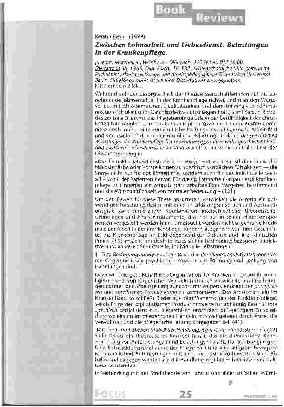 Vorschauseite 1: Zwischen Lohnarbeit und Liebesdienst Belastungen in der Krankenpflege