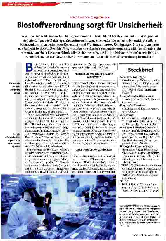 Vorschauseite 1: Biostoffverordnung sorgt für Unsicherheit Schutz vor Mikroorganismen