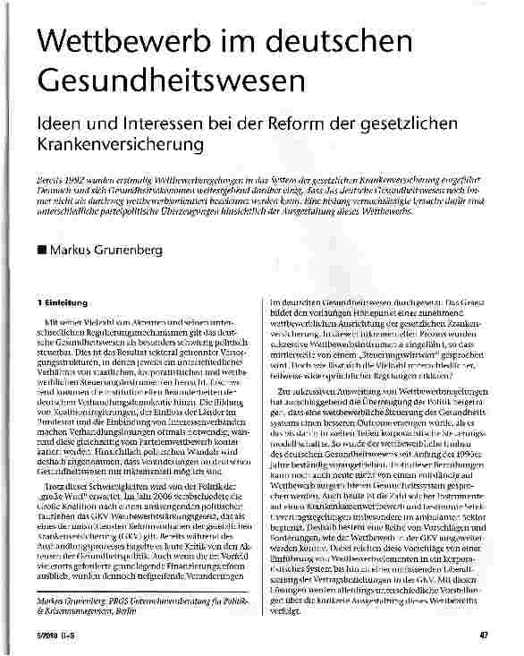 Vorschauseite 1: Wettbewerb im deutschen Gesundheitswesen Ideen und Interessen bei der Reform der gesetzlichen Krankenversicherung