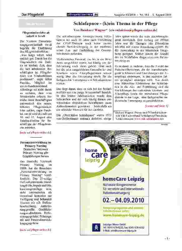 Vorschauseite 1: Schlafapnoe - (k)ein Thema in der Pflege