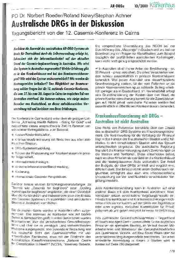 Vorschauseite 1: Australische DRGs in der Diskussion Tagungsbericht von der 12. Casemix-Konderenz in Cairns