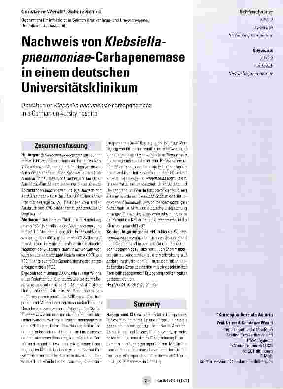 Vorschauseite 1: Nachweis von Klebsiella-pneumon/ae-Carbapenemase in einem deutschen Universitätsklinikum