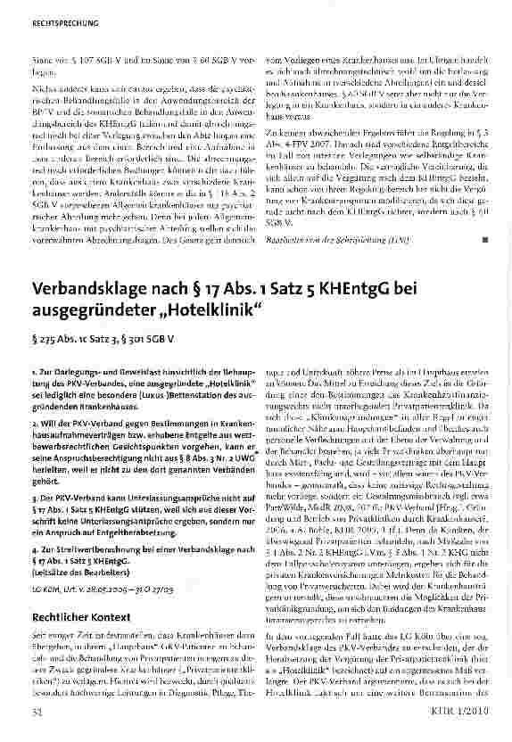 Vorschauseite 1: Verbandsklage nach § 17 Abs. 1 Satz 5 KHEntgG bei ausgegründeter „Hotelklinik
