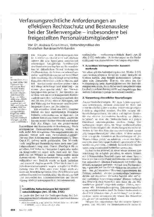Vorschauseite 1: Verfassungsrechtliche Anforderungen an effektiven Rechtsschutz und Bestenauslese bei der Stellenvergabe - insbesondere bei freigestellten Personalratsmitgliedern