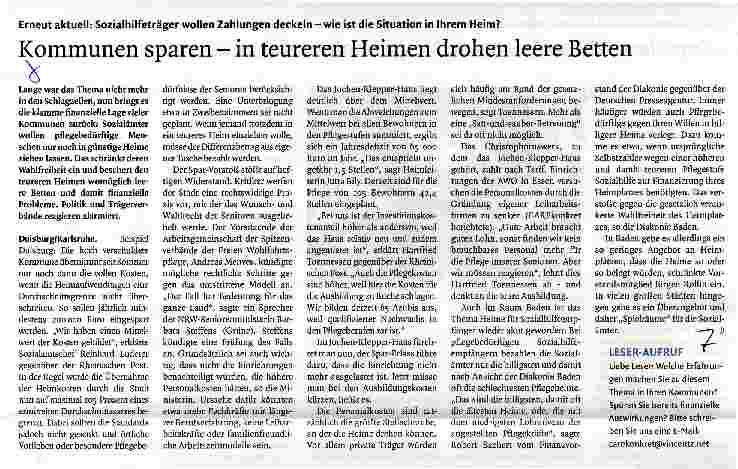 Vorschauseite 1: Erneut aktuell: Sozialhilfeträger wollen Zahlungen deckein - wie ist die Situation in Ihrem Heim? Kommunen sparen - in teureren Heimen drohen leere Betten
