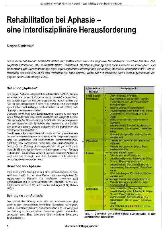 Vorschauseite 1: Rehabilitation bei Aphasie - eine interdisziplinäre Herausforderung