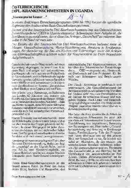 Vorschauseite 1: Österreichische Dipl.-Krankenschwester in Uganda Vorsorgen ist besser ...