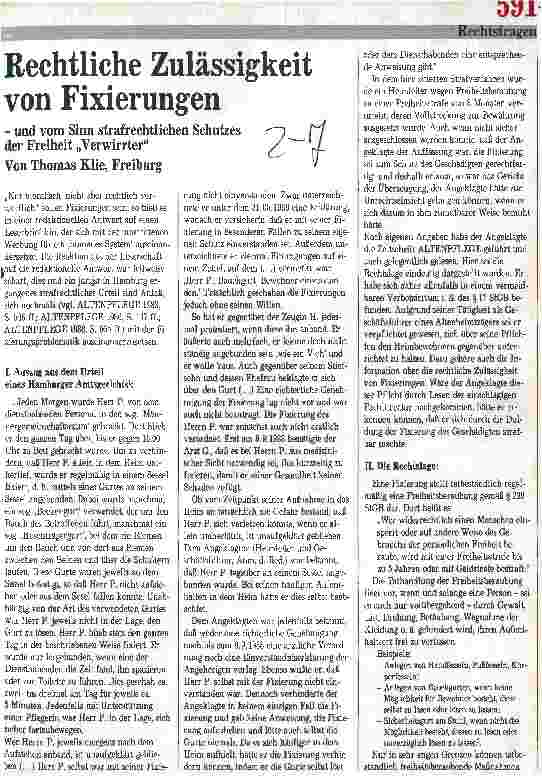 Vorschauseite 1: Rechtliche Zulässigkeit von Fixierungen - und vom Sinn strafrechtlichen Schutzes der Freiheit Verwirrter
