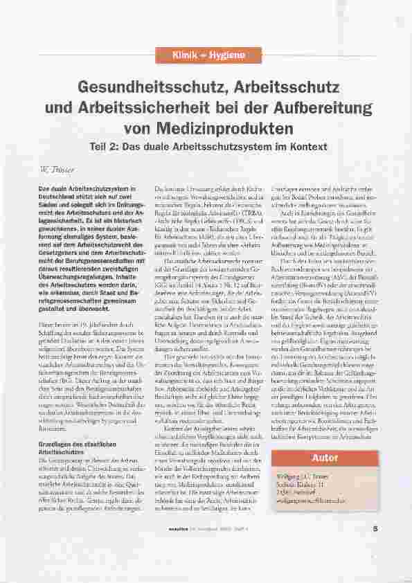 Vorschauseite 1: Gesundheitsschutz, Arbeitsschutz und Arbeitssicherheit bei der Aufbereitungvon Medizinprodukten Teil 2: Das duale Arbeitsschutzsystem im Kontext