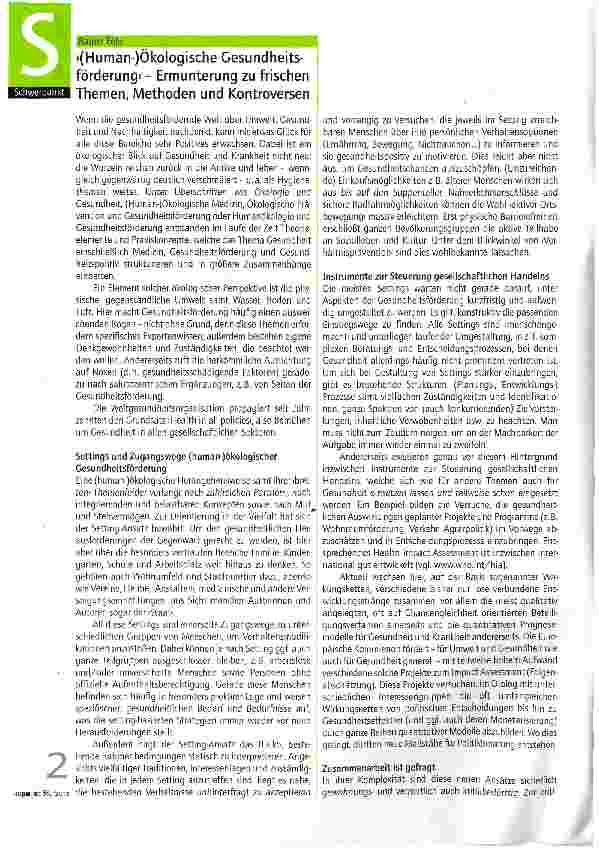 Vorschauseite 1: »(Human-)Ökologische Gesundheits-förderung< - Ermunterung zu frischen Themen, Methoden und Kontroversen