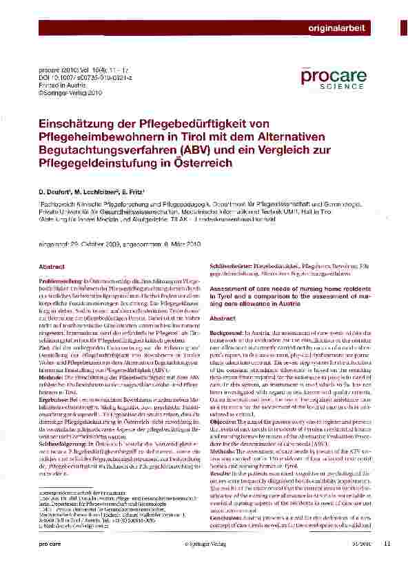 Vorschauseite 1: Einschätzung der Pflegebedürftigkeit von Pflegeheimbewohnern in Tirol mit dem Alternativen Begutachtungsverfahren (ABV) und ein Vergleich zur Pflegegeldeinstufung in Österreich