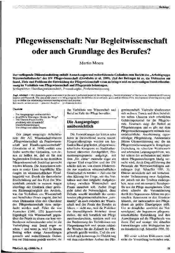 Vorschauseite 1: Pflegewissenschaft: nur Begleitwissenschaft oder auch Grundlage des Berufes?