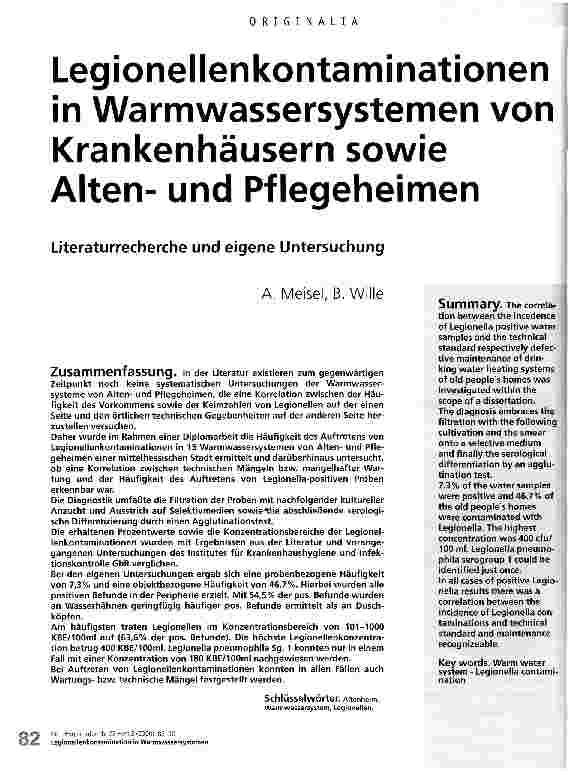 Vorschauseite 1: Legionellenkontaminationen in Warmwassersystemen von Krankenhäusern sowie Altenund Pflegeheimen Literaturrecherche und eigene Untersuchung