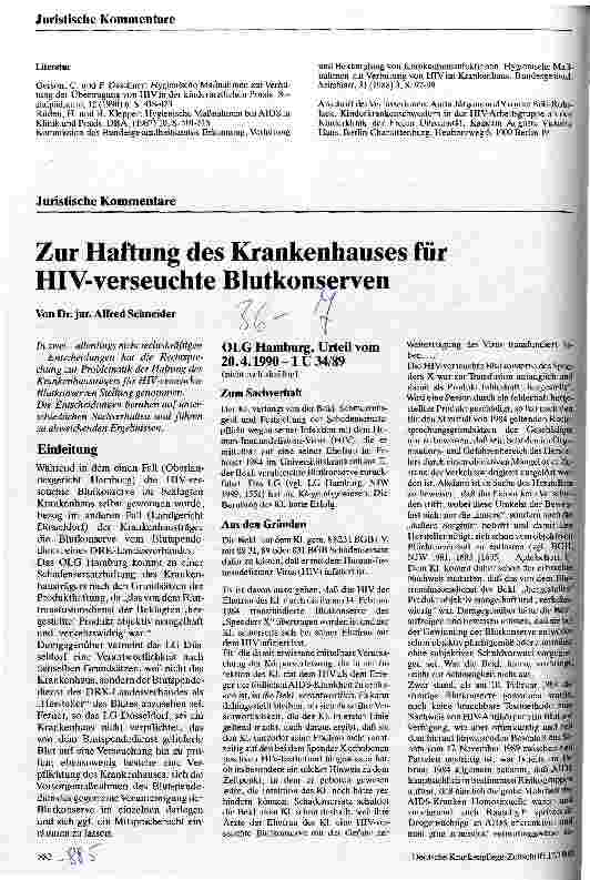 Vorschauseite 1: Zur Haftung des Krankenhauses für HIV-verseuchte Blutkonserven