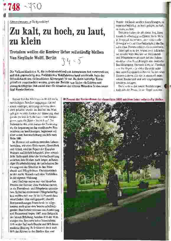 Vorschauseite 1: Zu kalt, zu hoch, zu laut, zu klein Altenwohnungen in Ostdeutschland