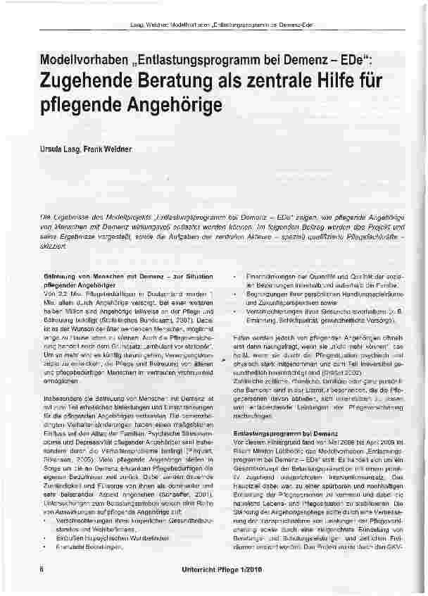Vorschauseite 1: Modellvorhaben „Entlastungsprogramm bei Demenz-EDe: Zugehende Beratung als zentrale Hilfe für pflegende Angehörige