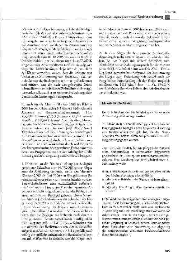 Vorschauseite 6: Bereitschaftsdienst - Abgeltung durch Freizeit