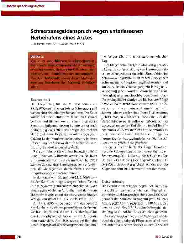 Vorschauseite 1: Schmerzensgeldanspruch wegen unterlassenen Herbeirufens eines Arztes