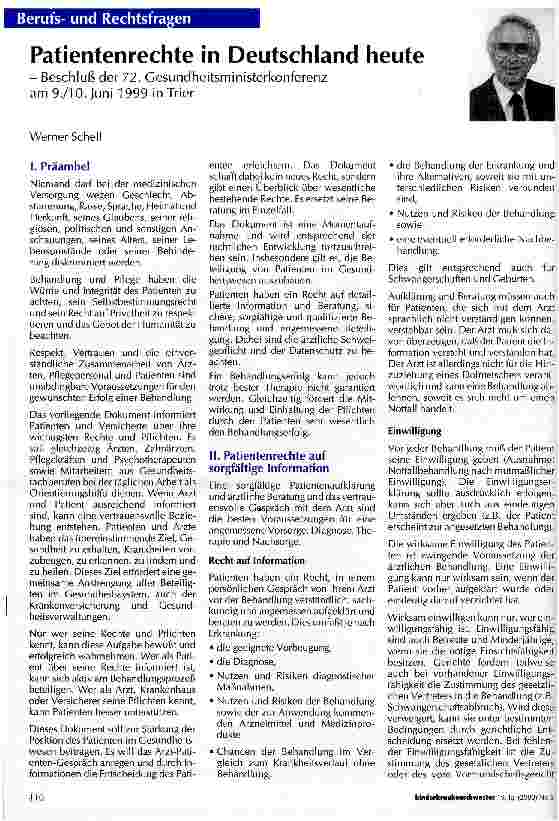 Vorschauseite 1: Patientenrechte in Deutschland heute Beschluß der 72. Gesundheitsministerkonferenz am 9. /10. Juni 1999 in Trier