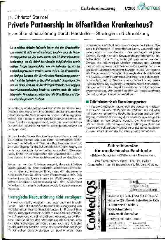 Vorschauseite 1: Private Partnership im öffentlichen Krankenhaus? Investitionsfinanzierung durch Hersteller - Strategie und Umsetzung