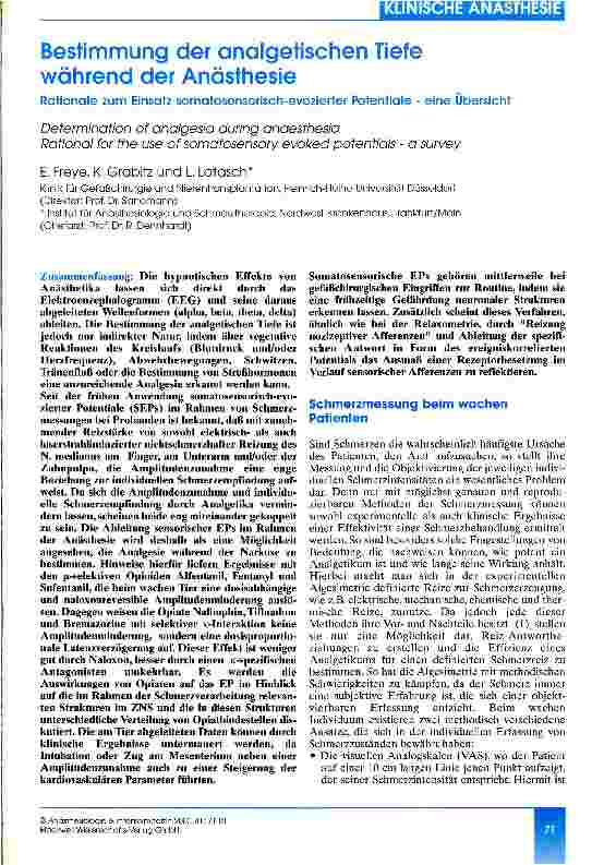 Vorschauseite 1: Bestimmung der analgetischen Tiefe während der Anästhesie Rationale zum Einsatz somatosensorisch-evozierter Potentiale - eine Übersicht