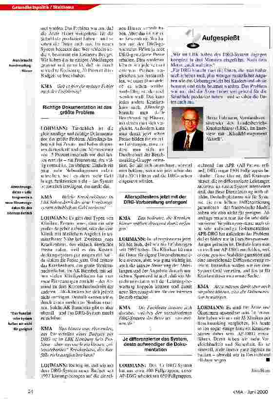 Vorschauseite 2: Keine Zeit mehr zu zögern Interview: LBK-Vorstandschef Heinz Lohmann plädiert für Einführung der AP-DRGs