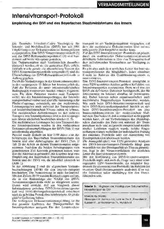 Vorschauseite 1: Intensivtransport-Protokoll Empfehlung der DIVI und des Bayerischen Staatsministeriums des Innern