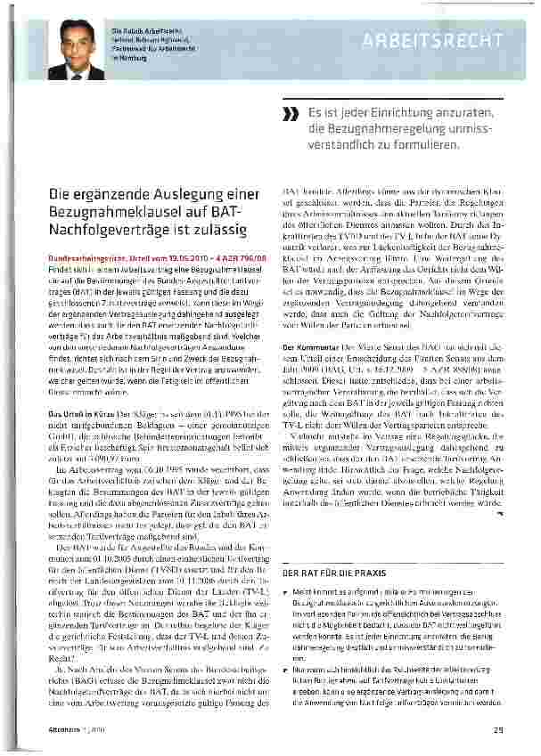 Vorschauseite 1: Die ergänzende Auslegung einer Bezugnahmeklausel auf BAT-Nachfolgeverträge ist zulässig