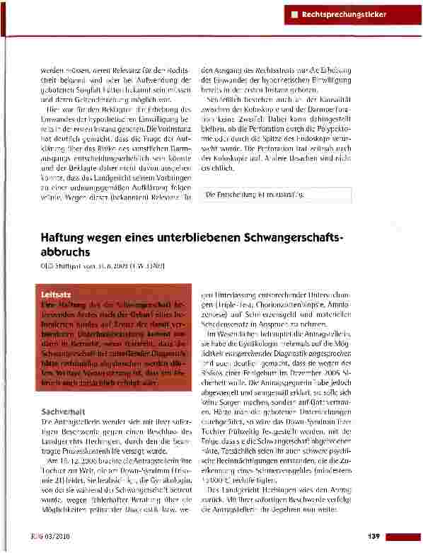Vorschauseite 1: Haftung wegen eines unterbliebenen Schwanserschaftsabbruchs