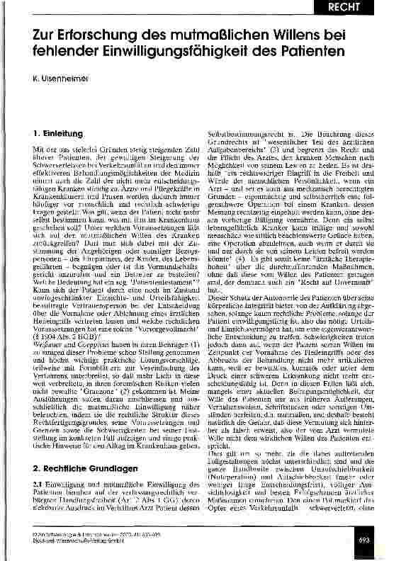 Vorschauseite 1: Zur Erforschung des mutmaßlichen Willens bei fehlender Einwilligungsfähigkeit des Patienten