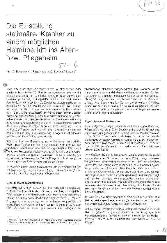 Vorschauseite 1: Die Einstellung stationärer Kranker zu einem möglichen Heimübertritt ins Altenbzw. Pflegeheim