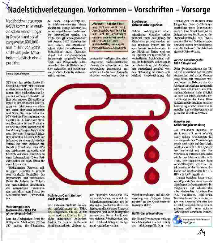 Vorschauseite 1: Nadelstichverletzungen. Vorkommen - Vorschriften - Vorsorge