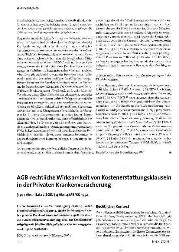 Vorschauseite 1: AGB-rechtliche Wirksamkeit von Kostenerstattungsklauseln in der Privaten Krankenversicherung