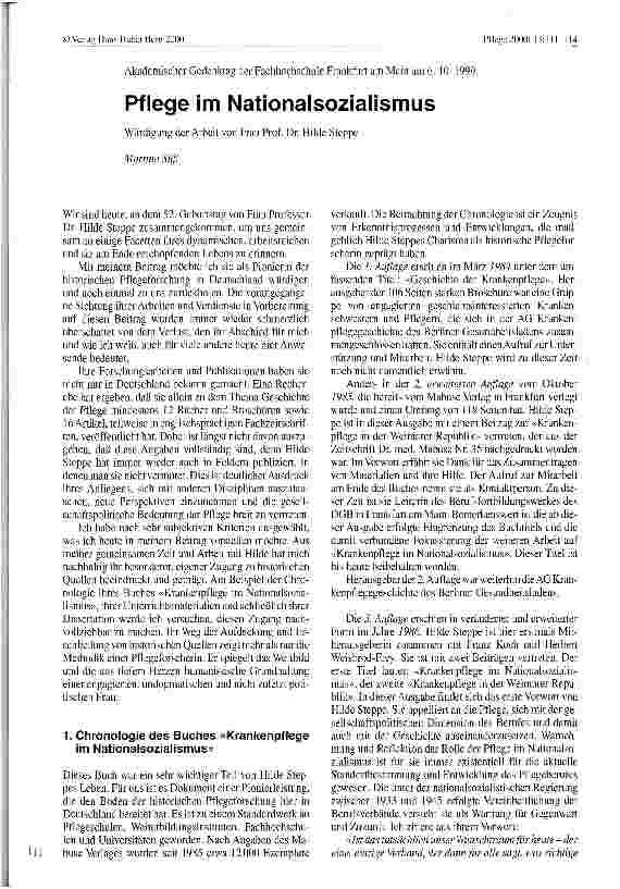 Vorschauseite 1: Pflege im Nationalsozialismus Würdigung der Arbeit von Frau Prof. Dr. Hilde Steppe