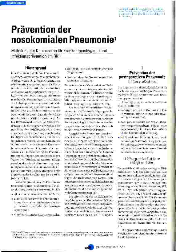 Vorschauseite 1: Prävention der nosokomialen Pneumonie Mitteilung der Kommission für Krankenhaushygiene und Infektionsprävention am RKI