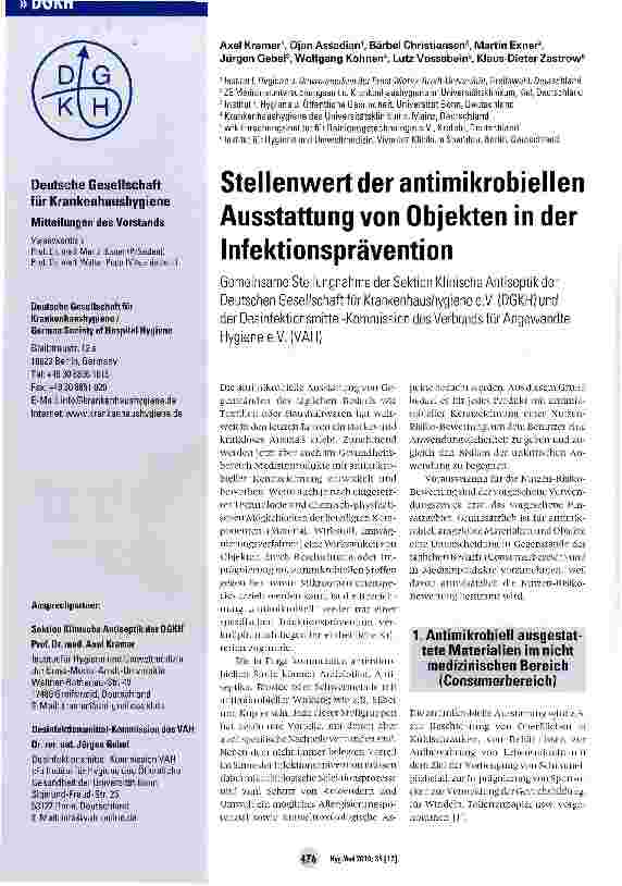 Vorschauseite 1: Stellenwert der antimikrobiellen Ausstattung von Objekten in der Infektionsprävention
