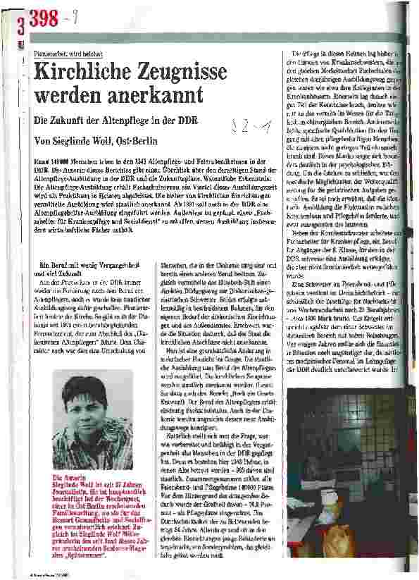 Vorschauseite 1: Pionierarbeit wird belohnt: Kirchliche Zeugnisse werden anerkannt. Die Zukunft der Altenpflege in der DDR.