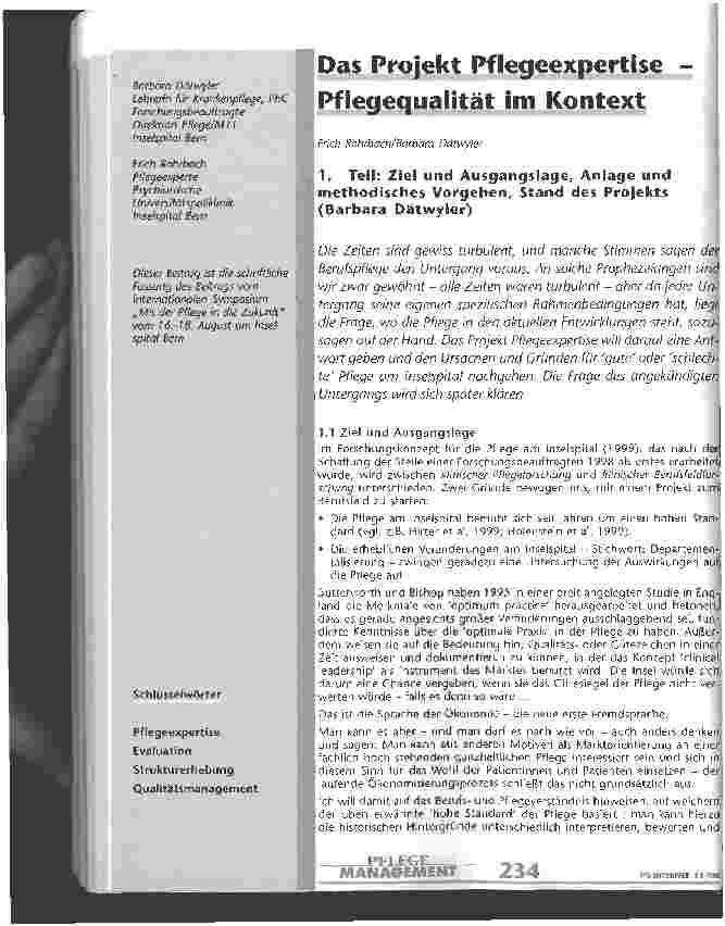 Vorschauseite 1: Das Projekt Pflegeexpertise- Pflegequalität im Kontext 1. Teil: Ziel und Ausgangslage, Anlage und methodisches Vorgehen