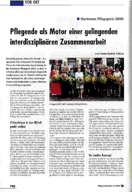 Vorschauseite 1: Pflegende als Motor einer gelingenden interdisziplinären Zusammenarbeit Hartmann Pflegepreis 2000