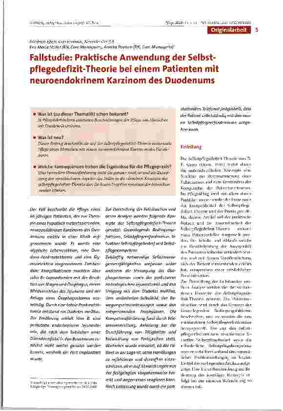Vorschauseite 1: Fallstudie: Praktische Anwendung der Selbstpflegedefizit-Theorie bei einem Patienten mit neuroendokrinem Karzinom des Duodenums