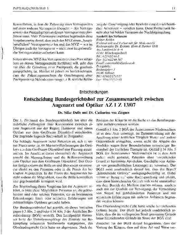 Vorschauseite 1: Entscheidung Bundesgerichtshof zur Zusammenarbeit zwischen Augenarzt und Optiker AZ I Z 13/07