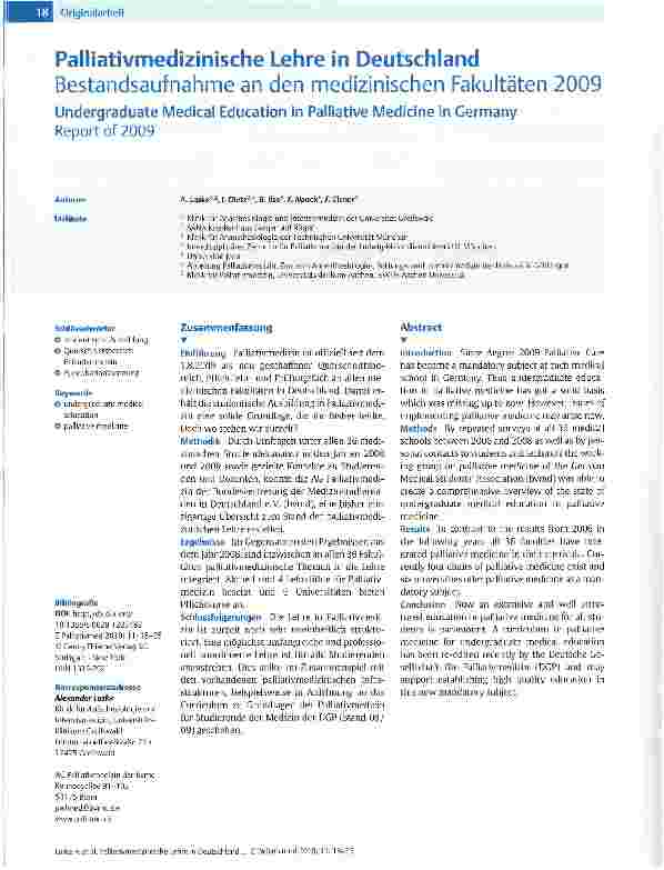 Vorschauseite 1: Palliativmedizinische Lehre in DeutschlandBestandsaufnahme an den medizinischen Fakultäten 2009